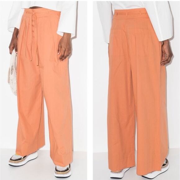 Ulla Johnson Women’s Sz 4 Zada Trouser Pants Wide Leg Cotton Orange Button Fly